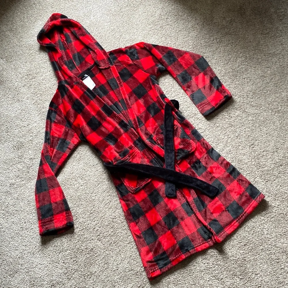 Cuddl Duds Kids red & black Buffalo Plaid hooded fleece robe size L 12/14 large